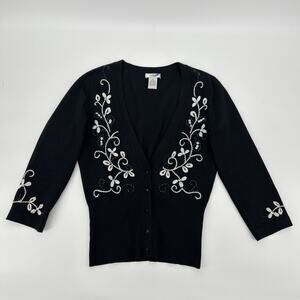 Vintage Cache Cardigan Women S Black Silk Beaded Floral Embroidered Y2K Cropped